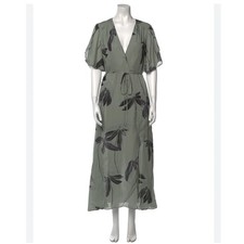 Halston Heritage Sage Green Silk Floral Wrap Midi Dress Flutter Sleeve Size 14