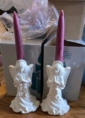 Vtg PartyLite ''Angel of Light'' Bisque Porcelain Candle Holders- Set of 2 Retired