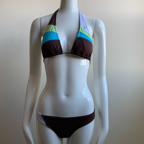 Rip Curl brown blue & lime color block halter top bikini
