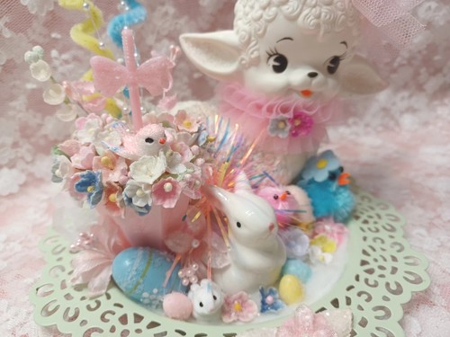 ๐๐ Carino! Vintage Dolce Primavera Pasqua Agnello Coniglietti Pulcini Pastello Assemblaggio - Foto 4 di 15