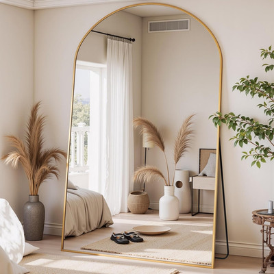 Gold Arched Full Length Floor Mirror 86''x46'' with Stand for Bedroom & Cloakroom