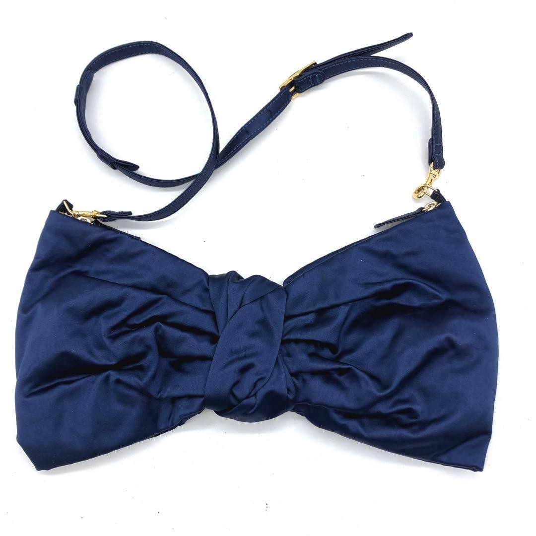 Valentino Garavani Navy Satin Shoulder Bag with Ribbon, Used, Authentic Japan thumbnail 2