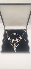 Vintage Diamante Ruby Neclace Bracelet Earrings Set Deco Silver Tone Costume