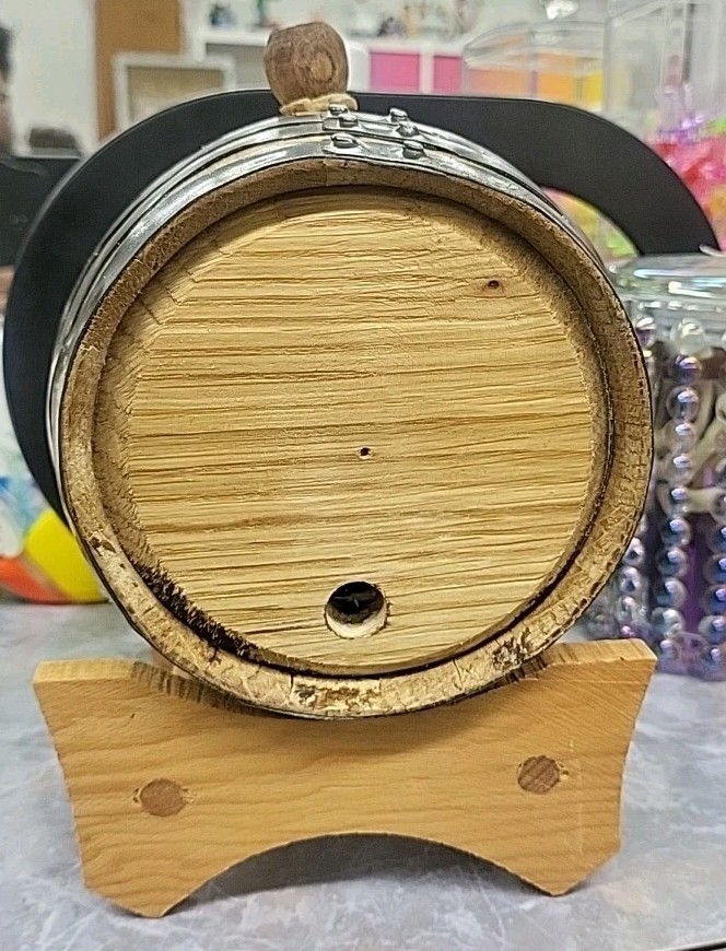 Vintage Small Wooden Keg Whiskey Barrel. W/ Stand. Missing Spout.