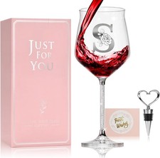 Personalized Initial Wine Glass for Women with Rhinestone Stem, 24 OZ Floral