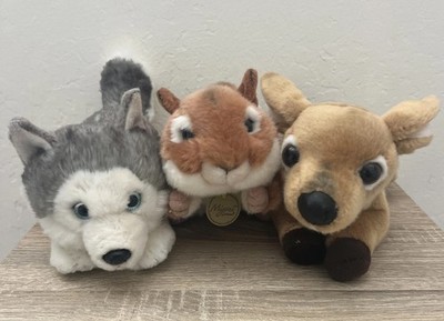 Lot of 3 Miyoni By Aurora Plush Husky Dog Chipmunk Deer Fawn Laying 11 -14 