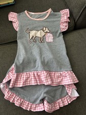 Girls 5T Gray Pink Gingham Ruffle Set Embroid...