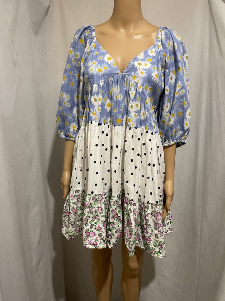 ASOS DESIGN SIZE 12? BABY DOLL PUFF SLEEVE TIERED COTTON  MINI DRESS POCKETS