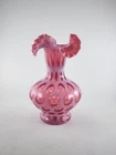 Fenton Cranberry Opalescent Coin Dot Glass Ruffled Edge Vase 10 Inches