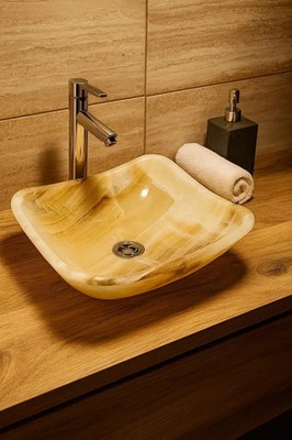 Handcrafted Honey Onyx Vessel Sink Natural Stone Bathroom Basin Modern Style