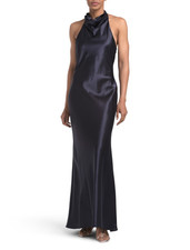 NWT 219 Betsy  Adam Shannon Halter Necktie Luxe Satin Dress Navy 6