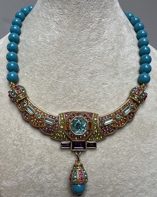 Vintage Heidi Daus Turquoise Bead Multi Color Rhinestone Choker Necklace 12-14 