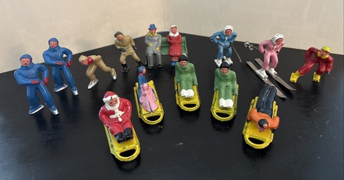 15 Vtg Barclay Manoil Lead Figures Skater Sleigh Santa On Sled Bench Winter Xmas