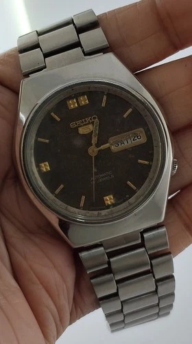 Vintage Seiko 5 Automatic Gray Dial 6309 17J D/D Steel Band Men Wristwatch