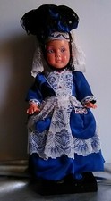 DUTCH TRADITIONAL DRESS CELLULOID DOLL. DETAILED WHITE LACE BLUE CLOTH COSTUME