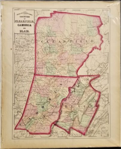 1876 antique CLEARFIELD CAMBRIA BLAIR MAP from Atlas of Pennsylvania - Picture 1 of 1