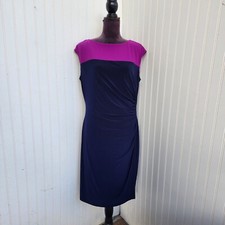 Chaps Dress Women's Navy Purple 2-Tone Stretch Sheath Trim Side Pleat Sz XL