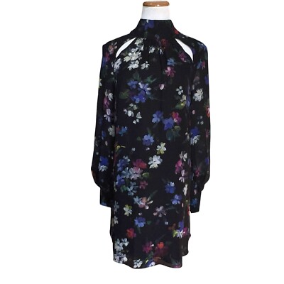 Milly Sherie Long Sleeve Painted Floral Georgette Silk Mini Dress Size 8 Tie New