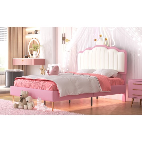Twin Size LED Upholstered Princess Bed with Crown Headboard Platform Bed - Picture 11 of 15