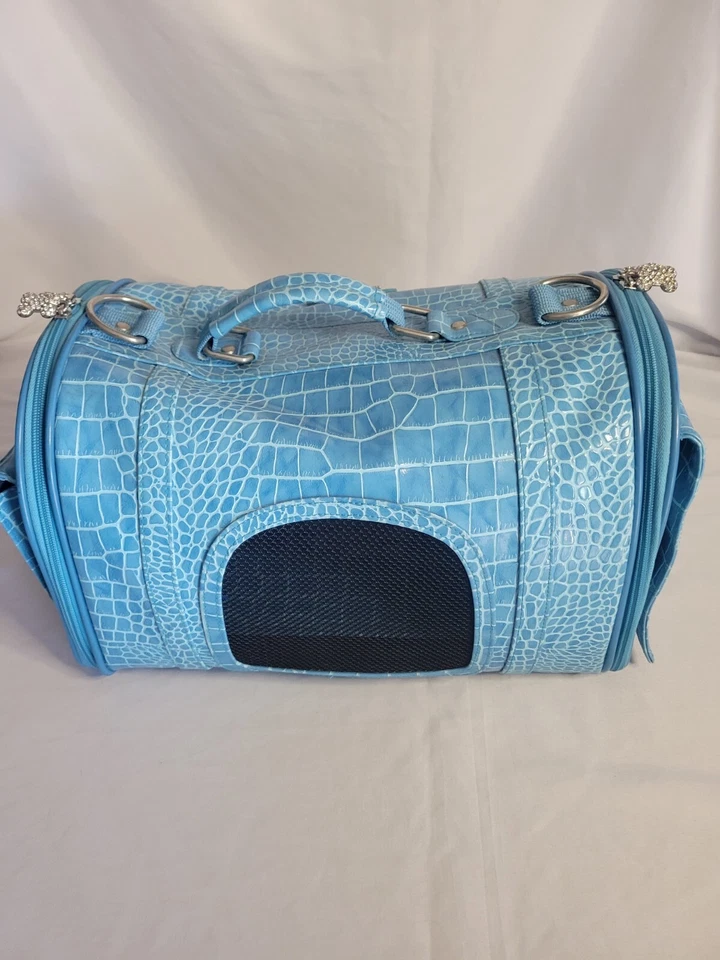 Portador de mascotas con huesos cromados 9" x 16" x 24" color aguamarina Foto 2 de 4