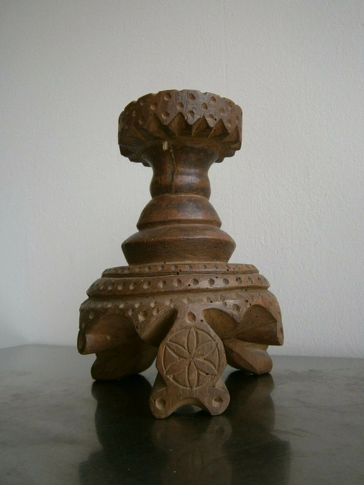 CHANDELIER PORTE CIERGE ANCIEN BOIS SCULPTE ART POPULAIRE RELIGIEUX 19°s CROIX - Photo 3/4