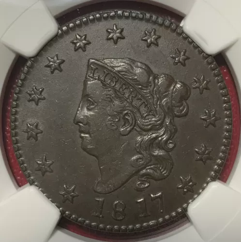 1817 Large Cent, 13 Stars. NGC AU-53. Beautiful Color. 