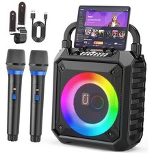 Karaoke Machine with Two Wireless Microphones, Portable Speaker with LED