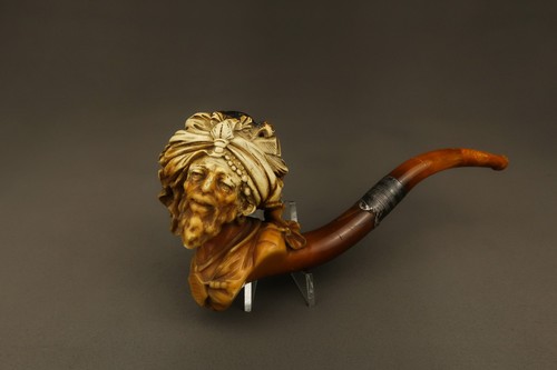 Antique Meerschaum Pipe Carved Head Amber Stem 19th Century
