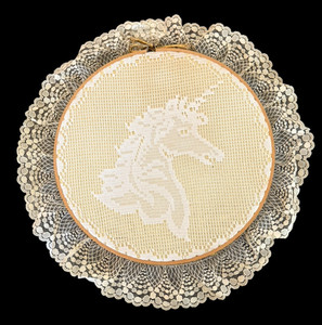 Unicorn Wall Hanging Lace Style 10" Wooden Hoop Good Luck Vintage