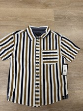 Kenneth Cole New York Boys Striped Button Up Shirt Size 8 NWT Navy Brown White