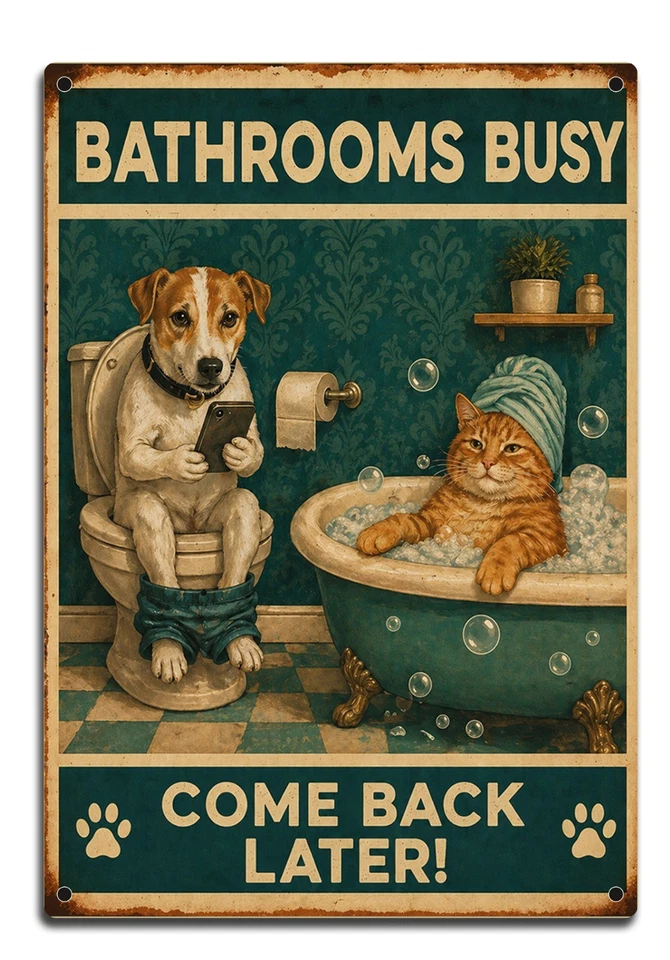 Funny Bathroom Metal Sign Dog Cat Toilet Bath Busy Come Back Later Vintage Style - Image 2 of 3
