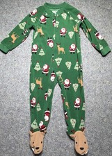 CARTER'S Footed Green Red Lt Fleece Santa Christmas One-Piece Zip Pajamas Size2T