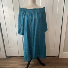 Naif Womens Gauze Lined Dress Large Teal Blue Lace Trim Balloon Sleeves Boho