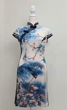 Silk Cheongsam Qipao Dress White Blue Floral Bird Print Mandarin Collar Sz L