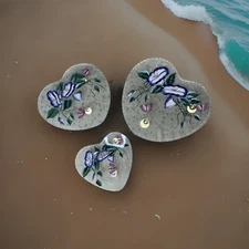 Set Of 3 Handpainted Clear Glass Decorative Floral Heart Shaped Serving Plates