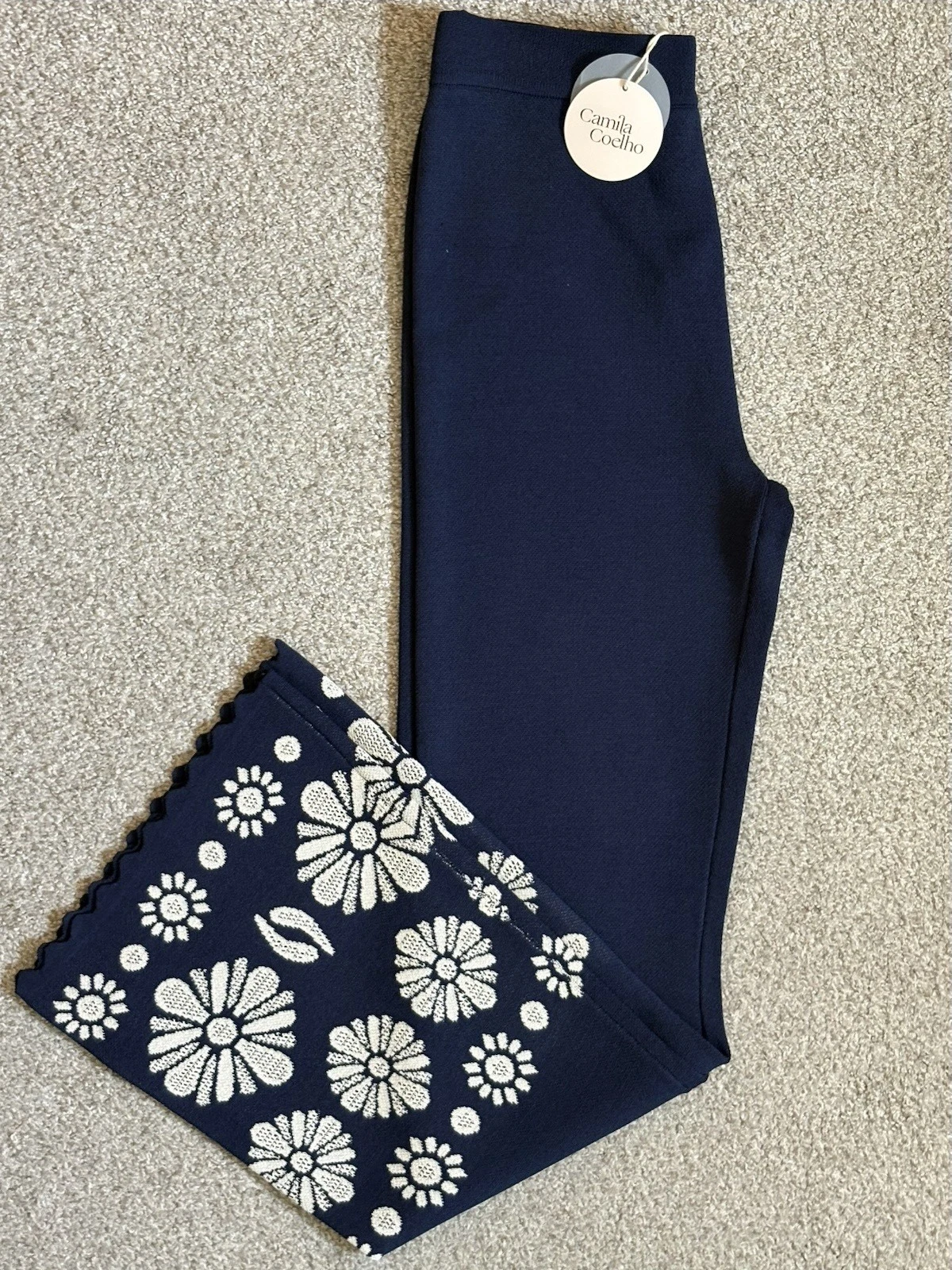 Camila Coelho S Dark Navy Blue Ribbed/Knit Mid elastic Waist Flare Bottom Pants
