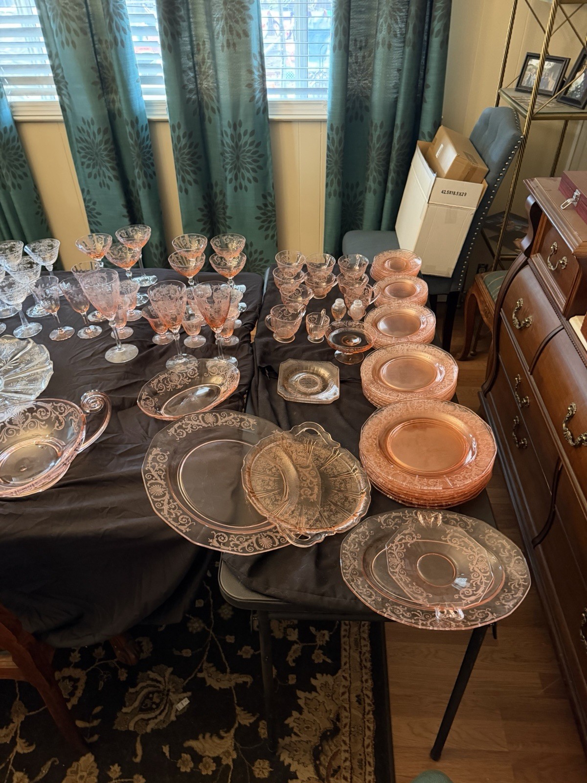 Pink Pressed Glass Dinner Set with Plates, Bowls, Glasses, Vintage Style