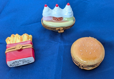 Lot of 3 Ltd Ed Artoria Limoges France Hamburger, Fries, Ice Cream Trinket Boxes