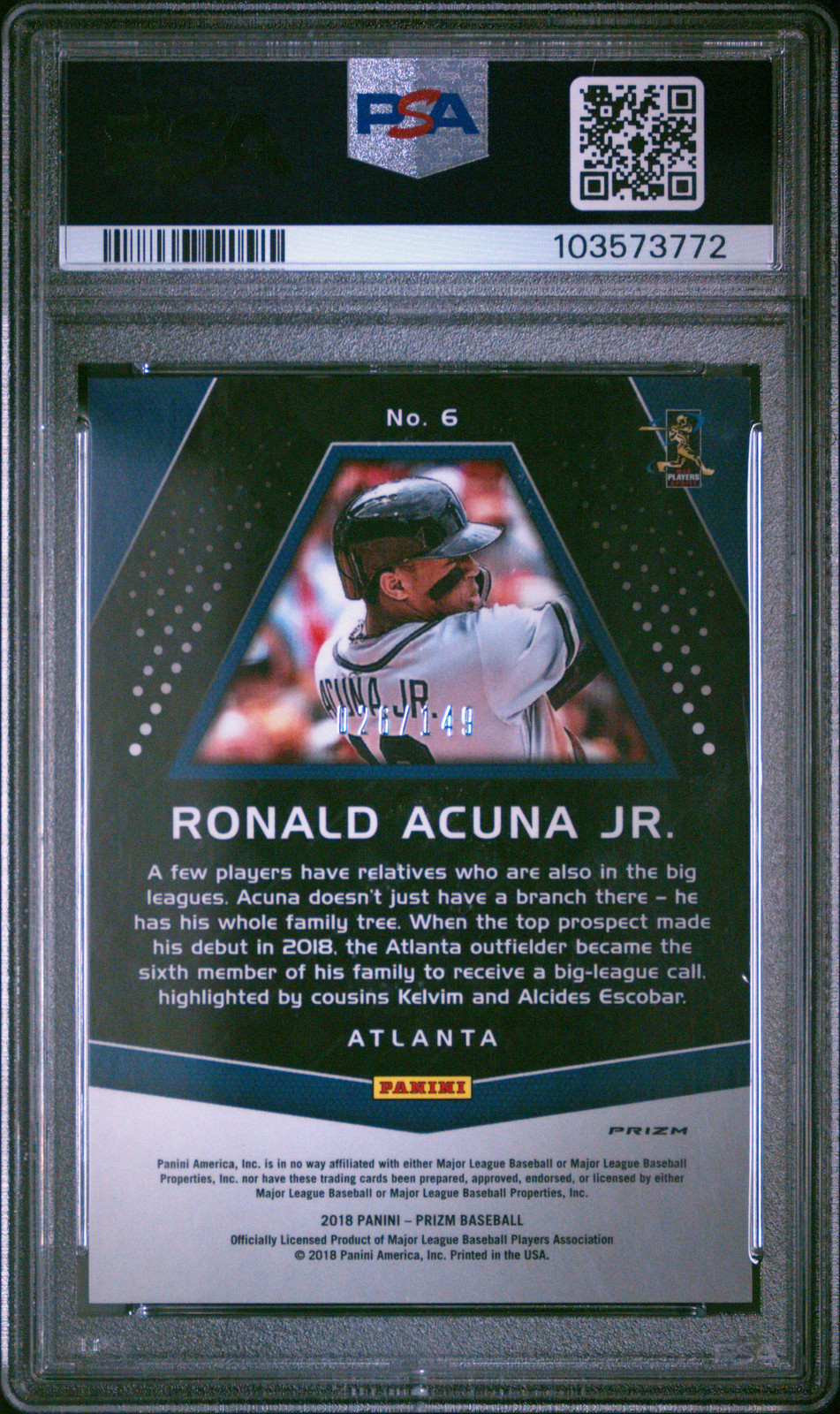 2018 Panini Chronicles Prizm #6 Ronald Acuna Jr. Prizm-Blue Ice #/149 (PSA 9) view 2