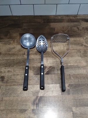 Vintage EKCO FORGE 3pc Set Utensil Black Riveted Spoon Potato Masher Ladle