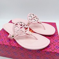 TORY BURCH Miller T- Logo Thong Sandal Flat Clay Pink Patent Leather Women US 7