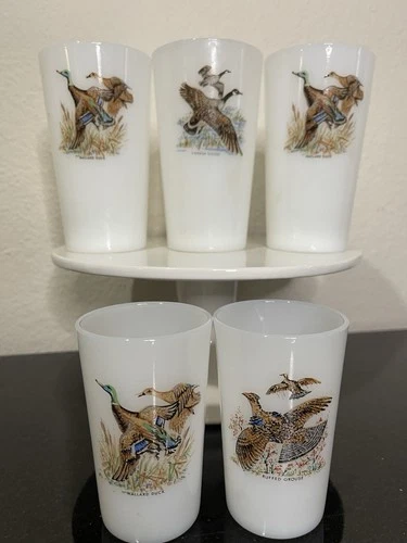 Vintage Anchor Hocking Fire-King milk glass tumblers in the "Game Bird" pattern