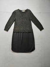 Loft Women Sweater Dress XSP Black Long Sleeve Crew Neck Button Speckle Casual