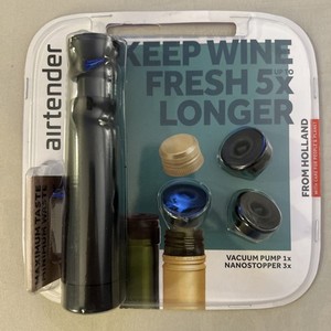 Airtender Wine Vacuum Pump with 3 Reusable Bottle Stopper Vac Seals for Wine