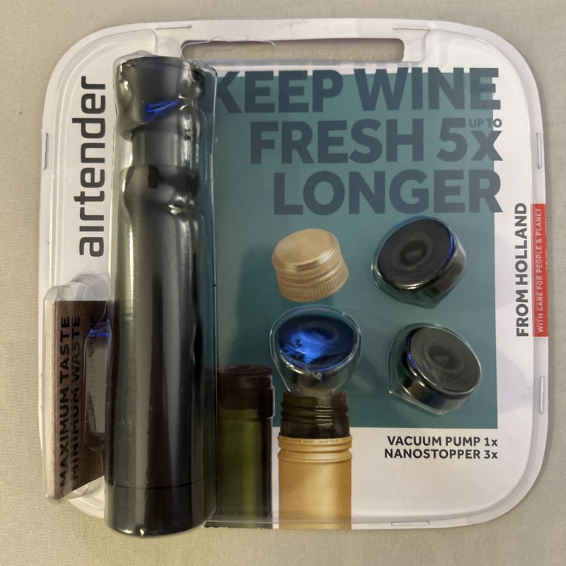 Airtender Wine Vacuum Pump with 3 Reusable Bottle Stopper Vac Seals for Wine