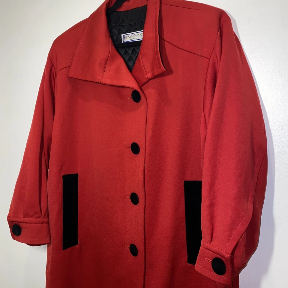 Yves Saint Laurent Variation Size 14 Red Coat Black Velvet Buttons Pockets - Image 2 of 4