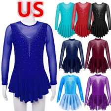 Kids Girls Ice Skating Dress Mesh Spliced Long Sleeve Leotards Dance Dress