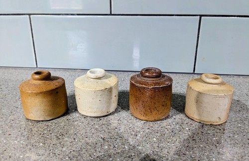 4 Antique Victorian Stoneware Pork Pie Ink Bottles. Very Good Condition.