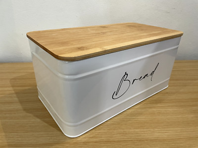 White Tin Bread Bin with Wooden Chopping Board Lid Metal Wood Keep Bread Fresh