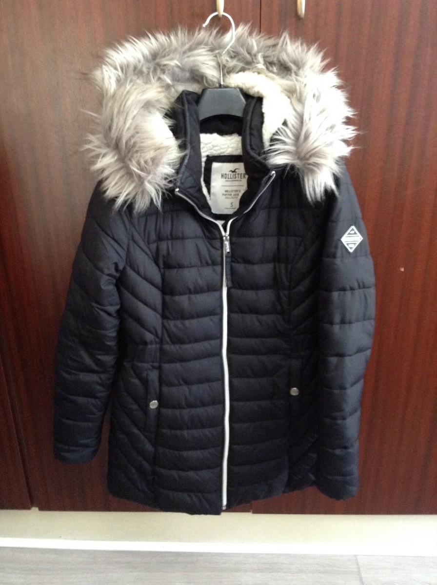 HOLLISTER WOMEN BLACK HOODED PUFFER JACKET /COAT SHERPA LINED UK S